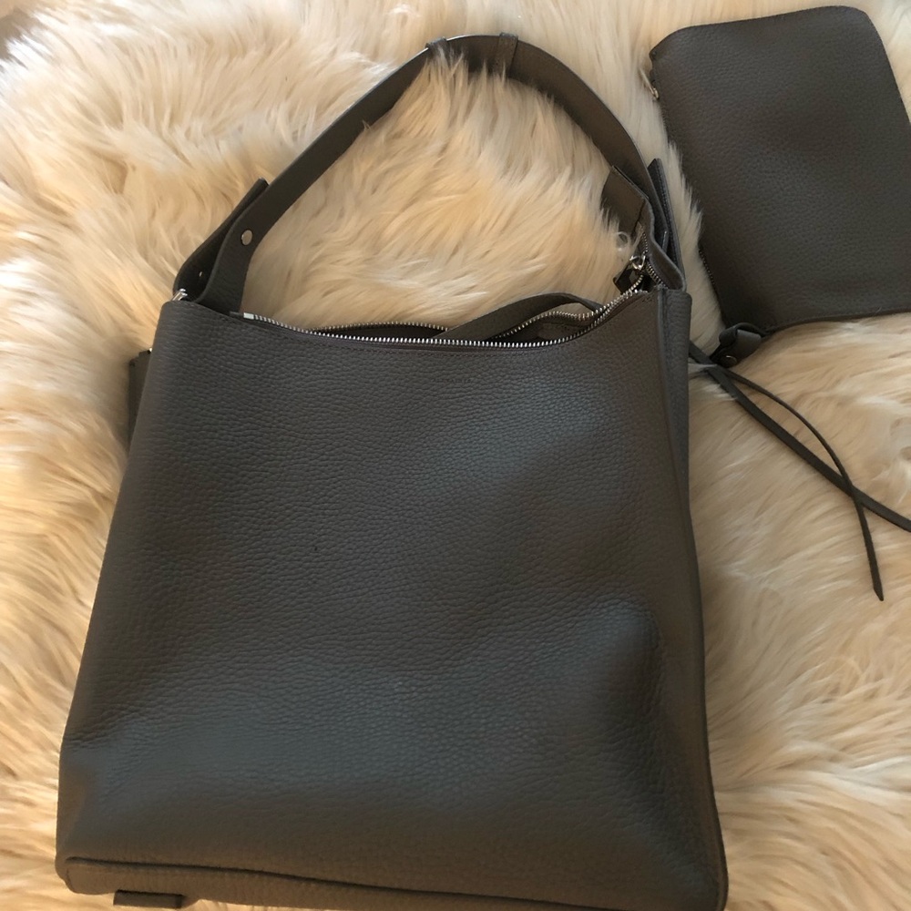 All Saints gray leather bucket shoulder bag with wristlet